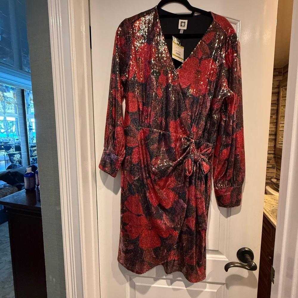 Anne Klein Red and Orange Wrap Midi Dress with Bishop Sleeves